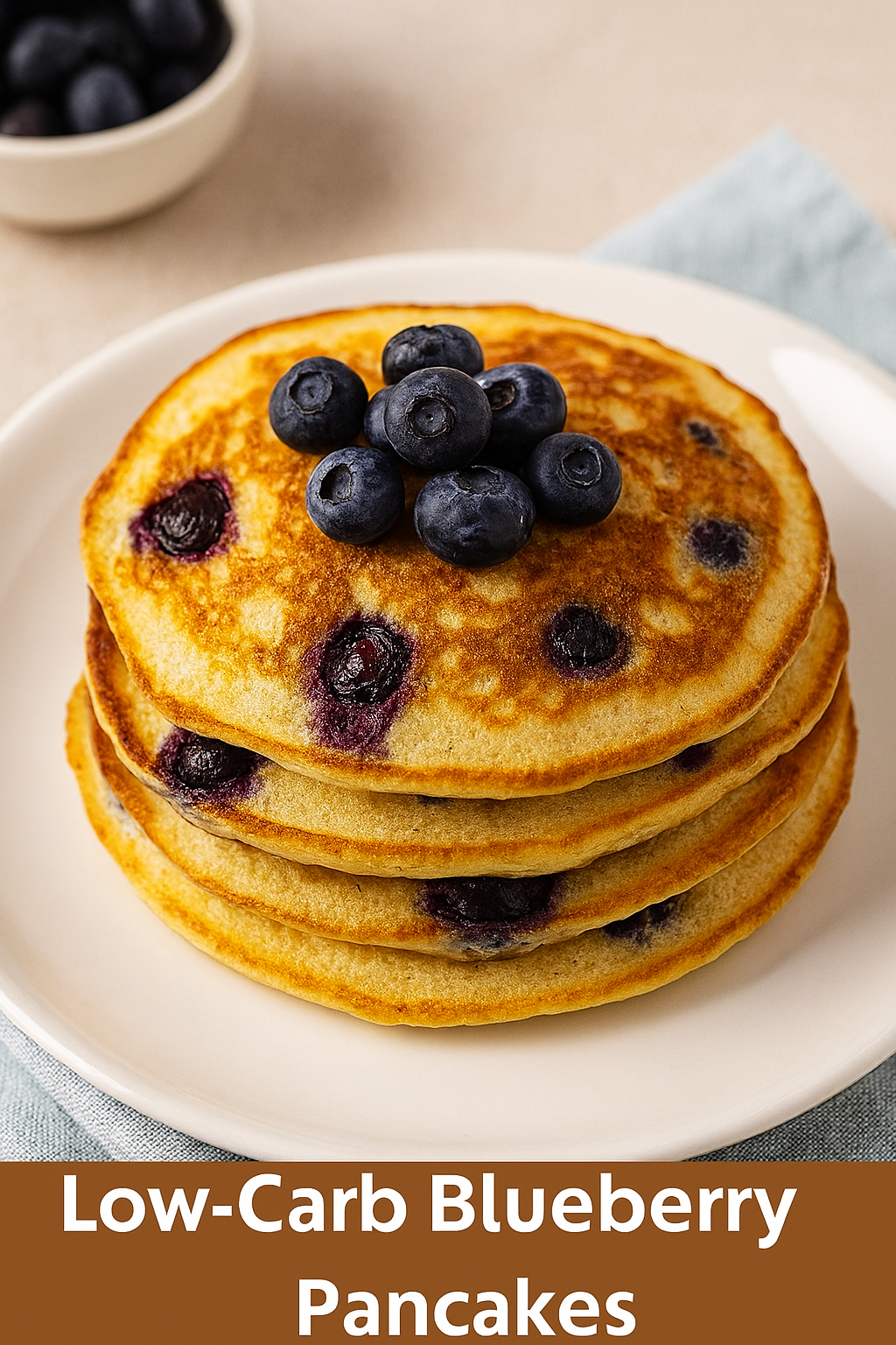 Pancakes low carb con blueberries servidos en plato rústico sobre mesa de madera, con fondo natural.