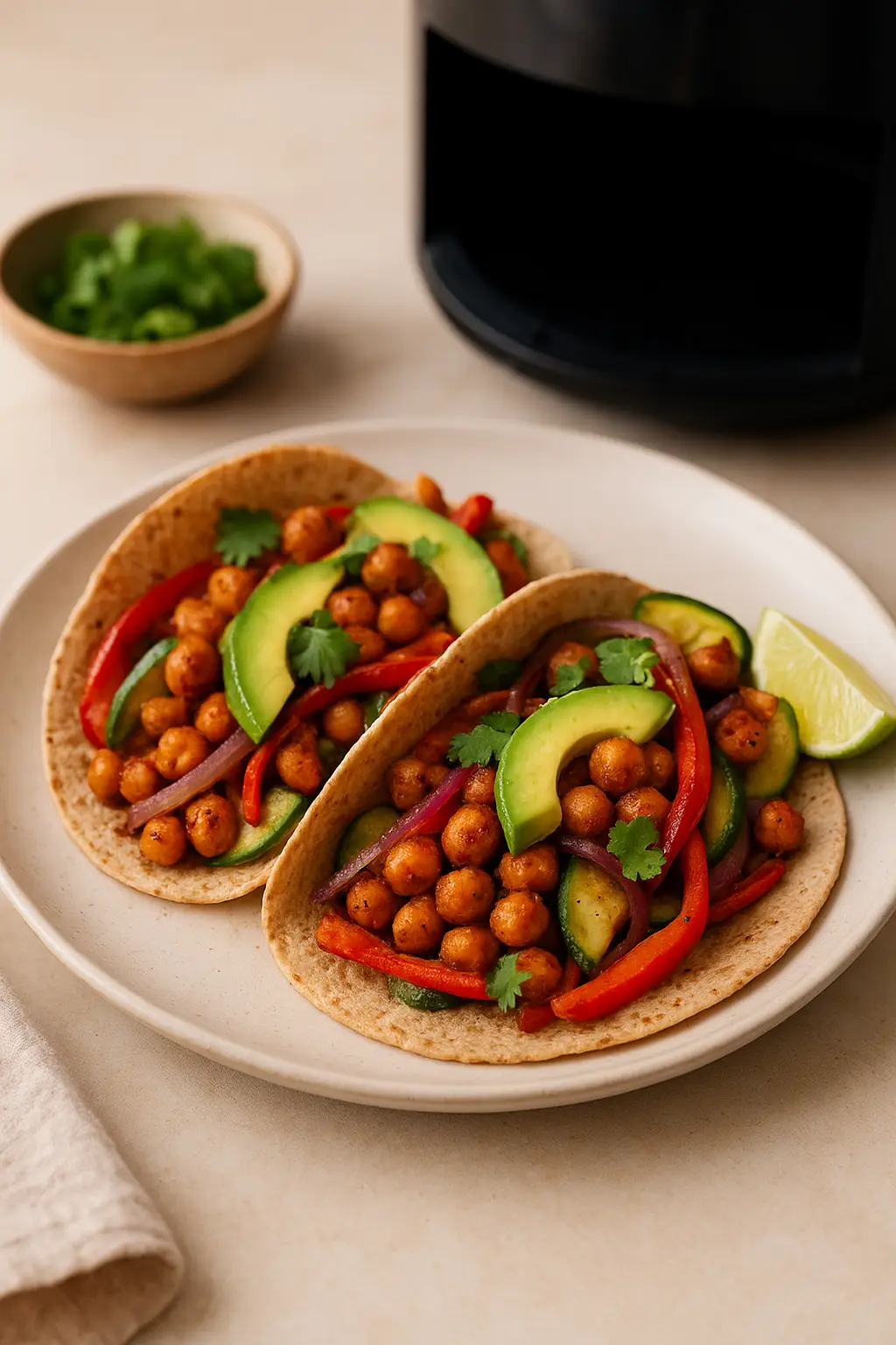 Tacos de garbanzos crujientes con vegetales asados en freidora de aire, servidos en tortillas integrales con aguacate, cilantro y limón, receta alta en fibra.