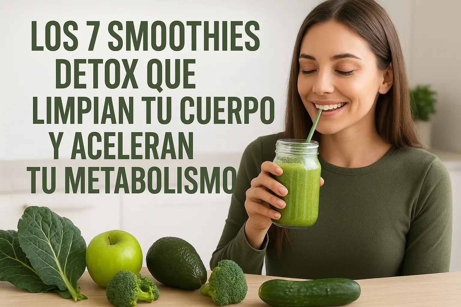 mujer feliz bebiendo smoothie verde con vegetales frescos alrededor